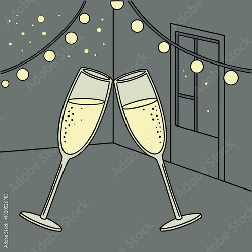 Two champagne glasses clinking together with string lights overhead