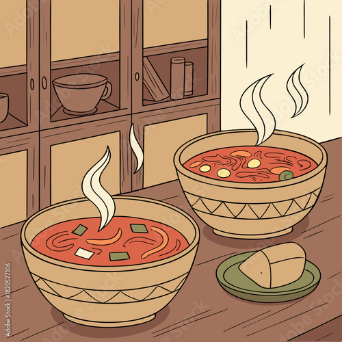 Warm hearty soup served in rustic bowls with bread on a wooden table