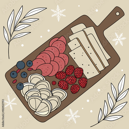 Winter charcuterie board with salami cheese berries and pretzels