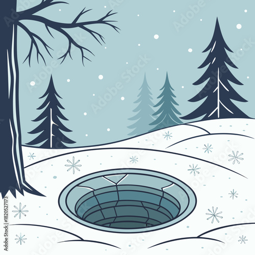 Winter landscape with a hole in the snow and evergreen trees