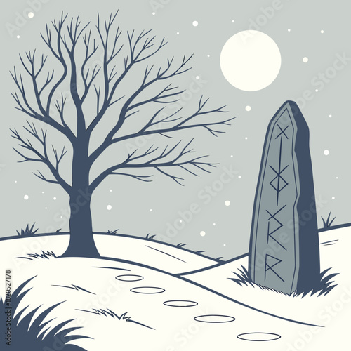 Winter landscape with bare tree rune stone and moonlit snow
