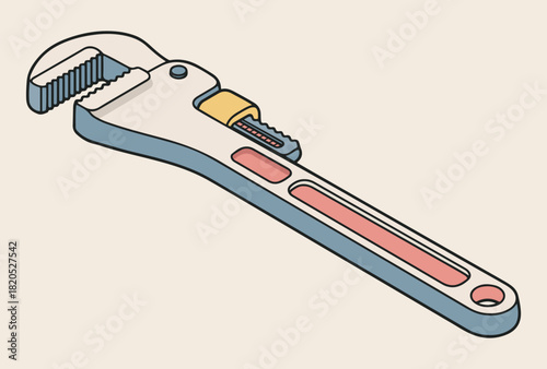 An illustration of a single adjustable pipe wrench with a light blue handle and a cream-colored head.