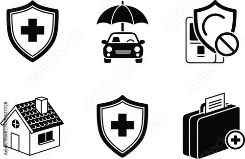 Insurance icons set health car home protection safety and financial plan eps silhouette