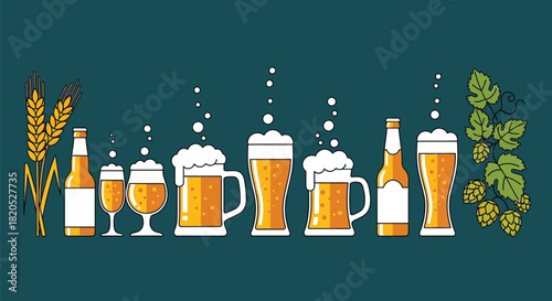 Illustration of beer glasses bottles wheat and hops on dark teal background