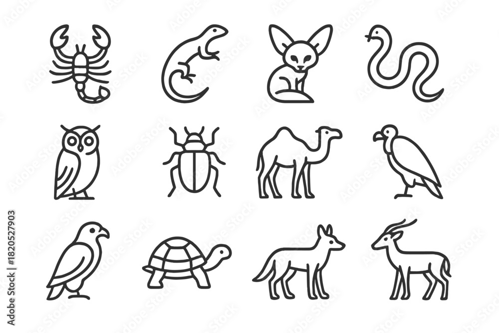 Fototapeta premium Desert Wildlife Icons. Desert wildlife. Line outline icon set of desert wildlife: scorpion, lizard, snake,