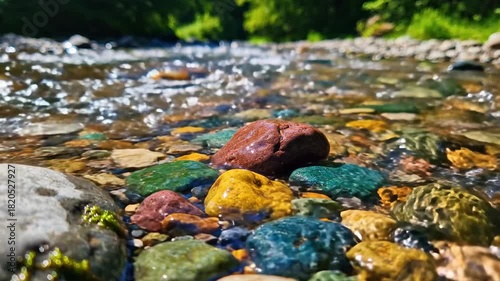 Colorful river stones beneath flowing water, blurred trees in background. Sunlight glistens on rocks and stream surface