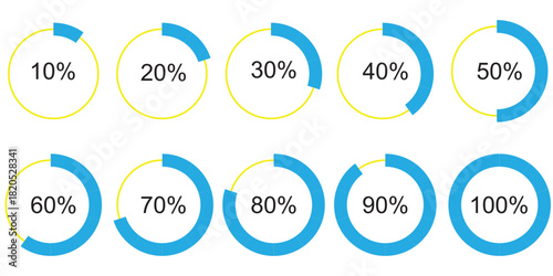 Circular progress bar. Percentage circle infographic elements, loading stages, progress indicator icons, completion meter, step-by-step round infographic and statistic donut charts for UI dashboard 