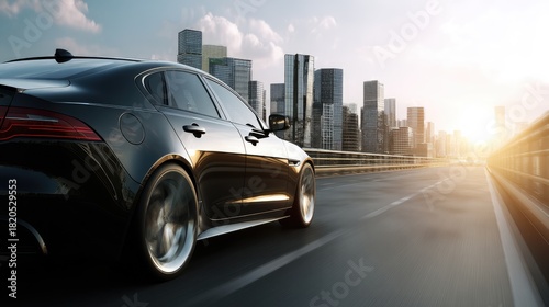 Black Luxury Sedan Driving on Urban Road with Cityscape in Background during Sunset
