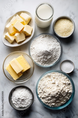 Assorted baking ingredients including flour, butter, and milk arranged on a marble surface, ready for various recipes.