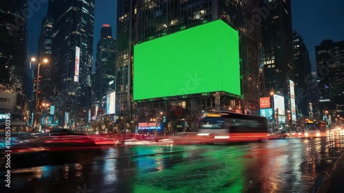 Times Square Green Screen Billboard: Night Cityscape with Traffic and Reflections