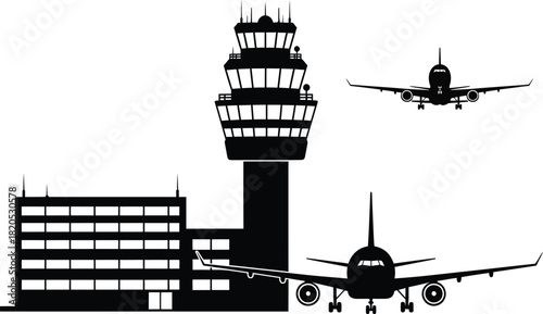 Airport silhouette vector illustration with control tower and airplanes eps
