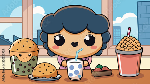 Cute cartoon girl drinking bubble tea at a table
