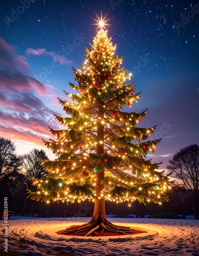 Large, festive fir tree glowing with lights against a night sky