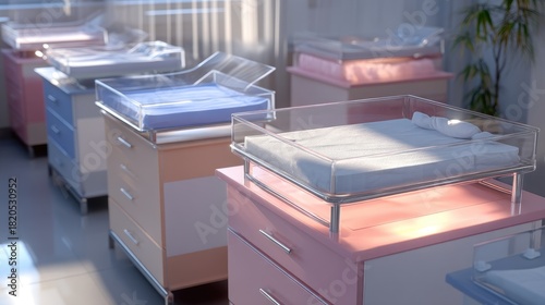 Newborn nursery with empty cribs in a bright and modern hospital setting, ready for newborn babies and family visits