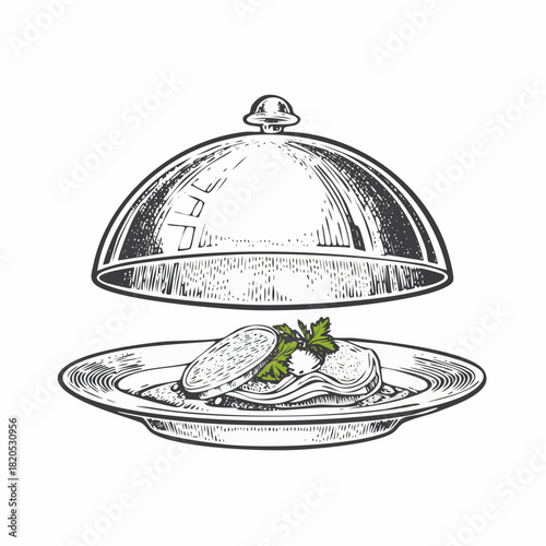 Dish plate with cloche and invisible food sketch engraving vector illustration. Scratch board style imitation. Black and white hand drawn image.