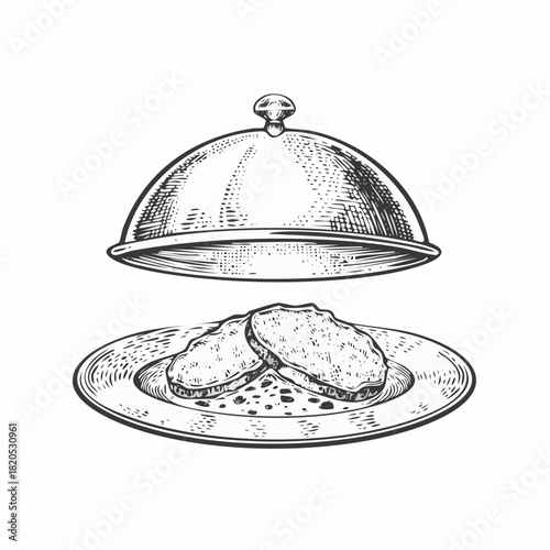 Dish plate with cloche and invisible food sketch engraving vector illustration. Scratch board style imitation. Black and white hand drawn image.