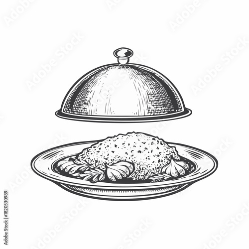 Dish plate with cloche and invisible food sketch engraving vector illustration. Scratch board style imitation. Black and white hand drawn image.