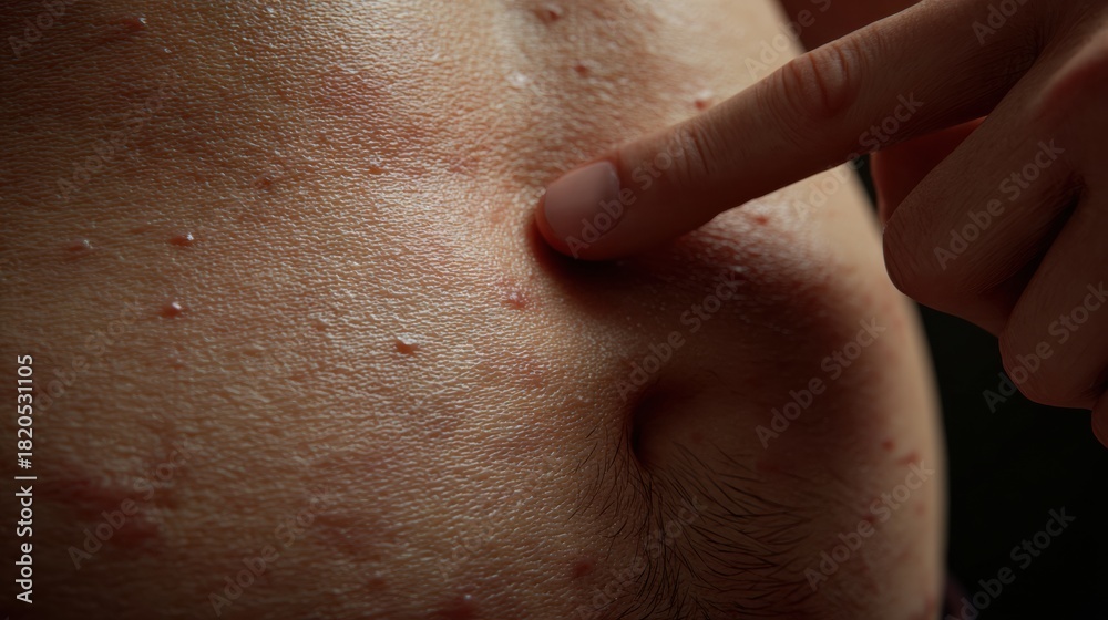 Fototapeta premium Close-up View of a Hand Applying Pressure on Belly Skin Showing Pores and Texture From a Side Angle