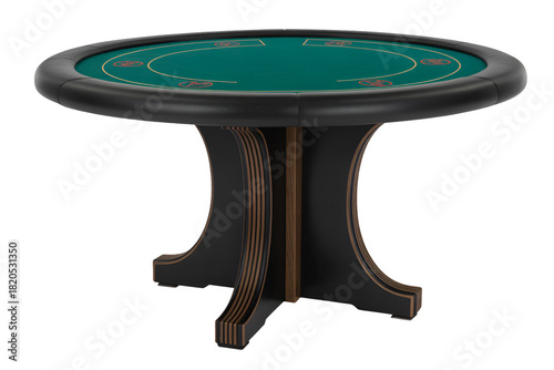Round green felt poker table with dark wood base isolated on transparent background