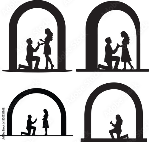 Marriage Proposal Silhouette Vector Set: Man Kneeling with Ring Under Archway