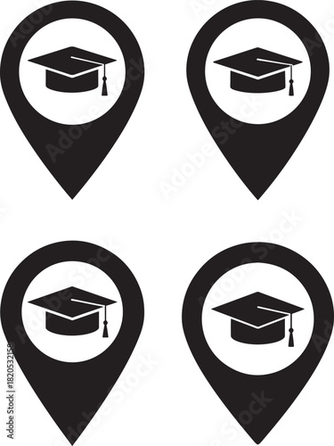 Four graduation cap location pins silhouette