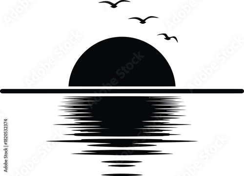 Black and white sunset illustration with birds flying over the ocean eps silhouette