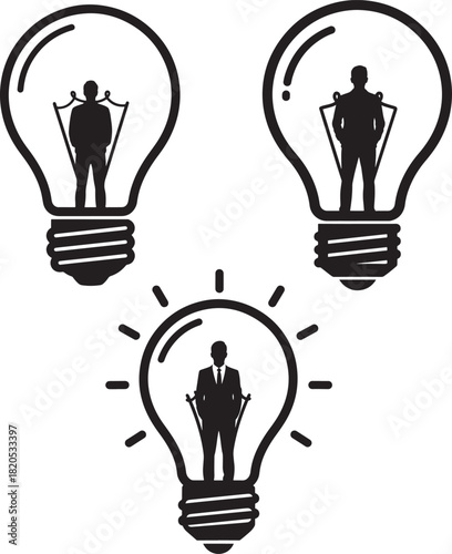 Three businessmen silhouettes inside lightbulbs silhouette