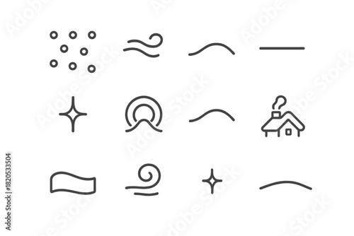 Winter Serenity Icons. Snowy rooftop with chimney smoke – Peaceful Winter Mood. Line outline icon set of