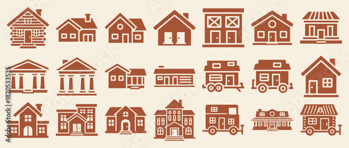 Collection of solid filled house icons featuring suburban homes duplexes villas cabins tiny houses and ranch styles on a ground background