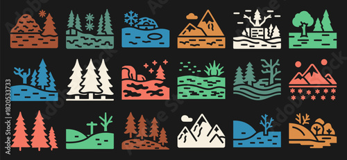 Collection of solid filled icons representing diverse camouflage environments including forest desert snowfield swamp and mountain scenes on a black background with color variations