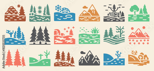 Collection of solid filled camouflage environment icons including forest desert snowfield swamp and mountain scenes with diverse color variations for graphic design projects