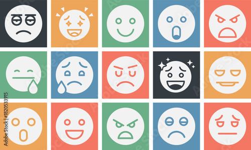 Collection of solid filled audience emotion icons representing happiness surprise anger sadness neutrality excitement confusion and boredom in various color variations
