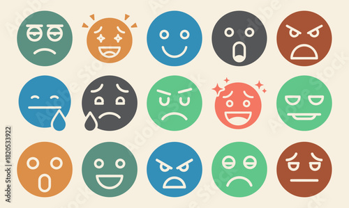 Solid filled icon set showcasing diverse audience emotions including happy surprised angry sad neutral excited confused and bored with a background color variant