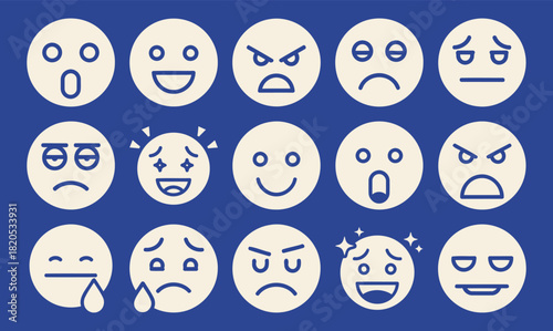 Collection of solid filled audience emotion icons including happy surprised angry sad neutral excited confused and bored presented on a blue background