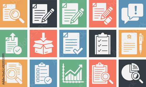 Solid filled icon set for approval workflow processes including draft review edit submit approve notify and archive stages