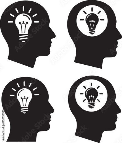 Four human head silhouettes with light bulbs symbolizing ideas silhouette