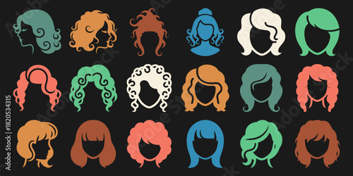 Solid filled icon set representing ringlet hairstyles symbolizing beauty femininity elegance freedom confidence and youth presented on a black background with color variations