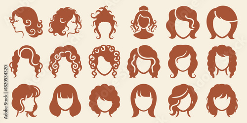 Solid filled icon set featuring diverse ringlet hairstyles symbolizing beauty femininity elegance freedom confidence and youth on a brown background