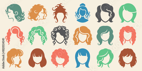 Solid filled icon set featuring diverse ringlet hair styles symbolizing beauty femininity elegance freedom confidence and youth on a colorful background