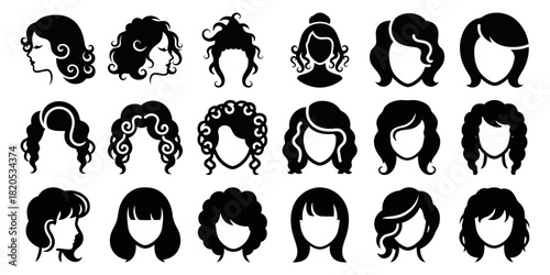 Collection of solid filled ringlet hair icons representing beauty femininity elegance freedom confidence and youthful charm