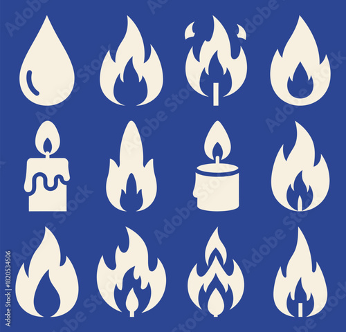 Solid filled candle flame icon set featuring teardrop flicker steady small and large flame shapes on a blue background