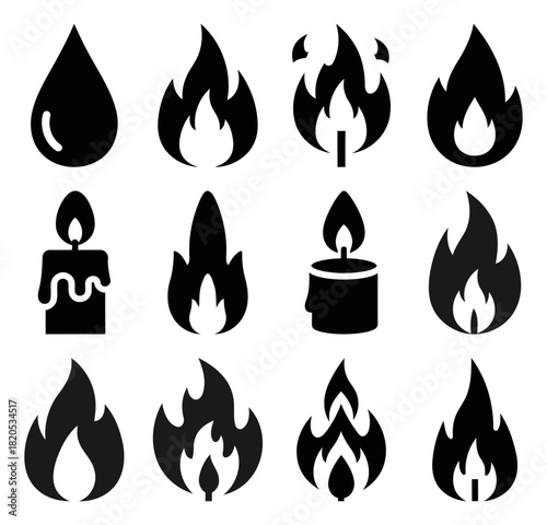 Collection of solid filled candle flame icons featuring teardrop flicker steady small and large flame shapes for design projects