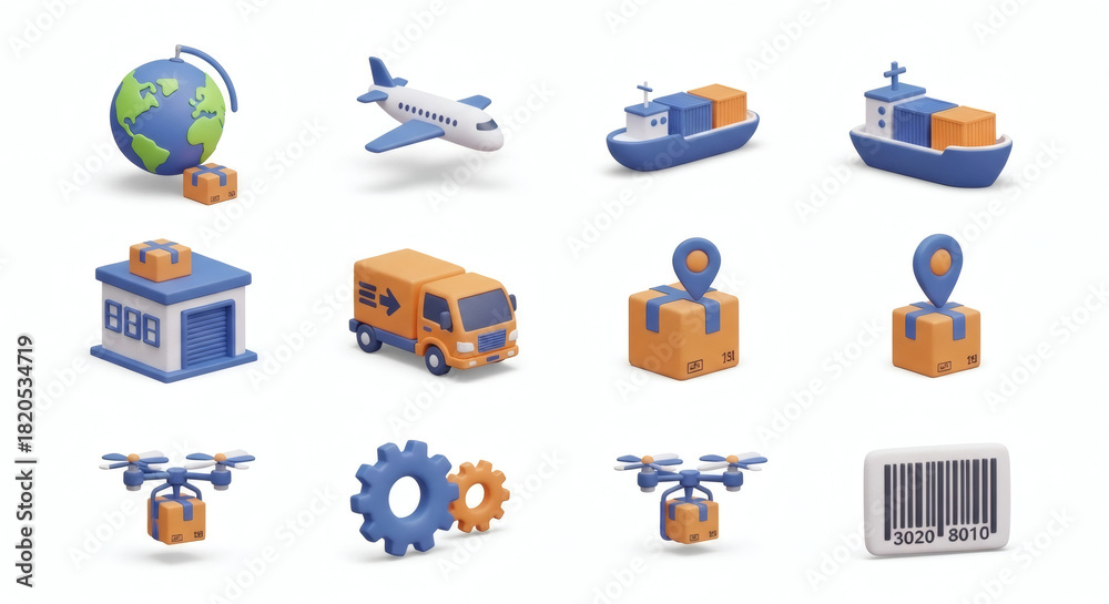 Naklejka premium Modern 3D Concept Icons for Global Logistics, Shipping, and E-commerce Supply Chain Management with Delivery Services and Transportation Solutions