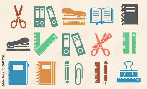 Solid filled office supplies icon set featuring pen pencil notebook paperclip stapler scissors ruler and binder on a colored background with variations