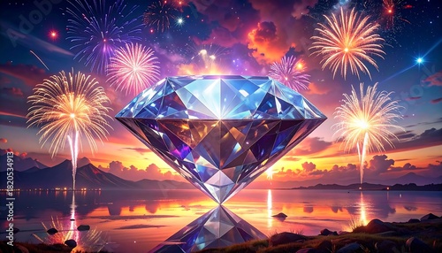 Large gemstone reflecting in water with fireworks at sunset