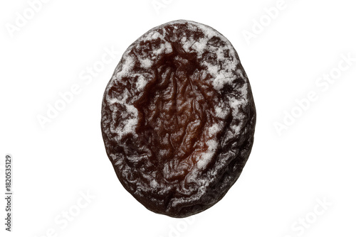 A single dried prune with crystallized sugar on its dark, wrinkled, and glossy surface, captured in a detailed macro studio shot showing its rich, dehydrated texture