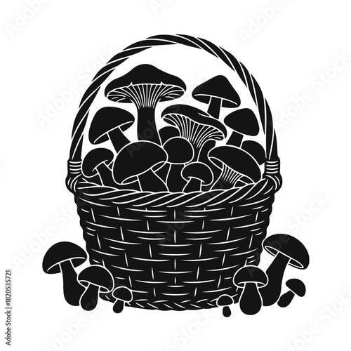 Vector illustration of mushrooms in a wicker basket. Forest mushrooms, wild mushrooms, collection in a basket, natural objects collection, botanical illustration
