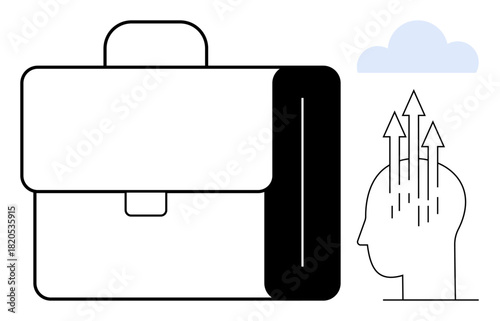 Business growth concept. Business growth by a briefcase and arrows emerging from a head. Business growth linking strategy, innovation, and success. For leadership, startups, education, and corporate