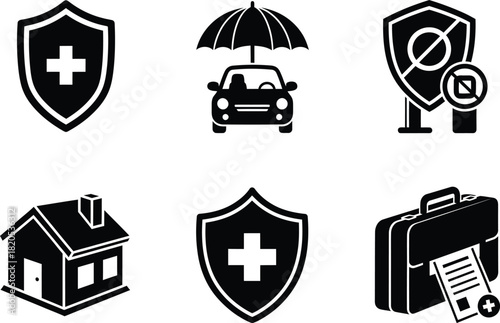 Insurance icons set vector design for car home health and business risk eps silhouette