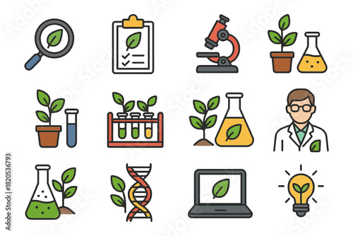 set of laboratory equipment and chemistry icons in simple vector style